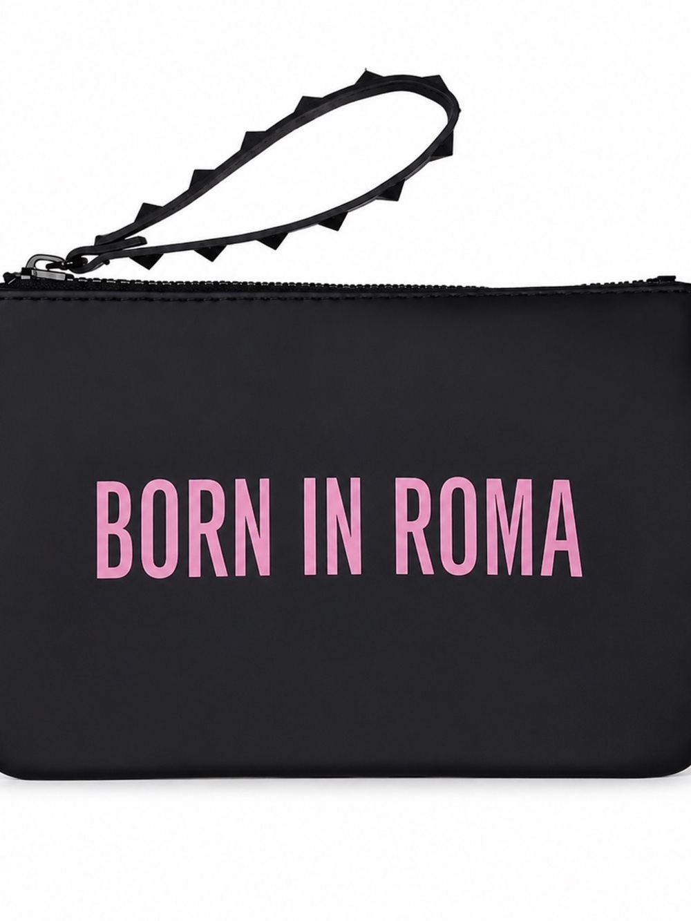 VALENTINO | “Born In Roma” Black Wristlet Pochette with Pink Logo